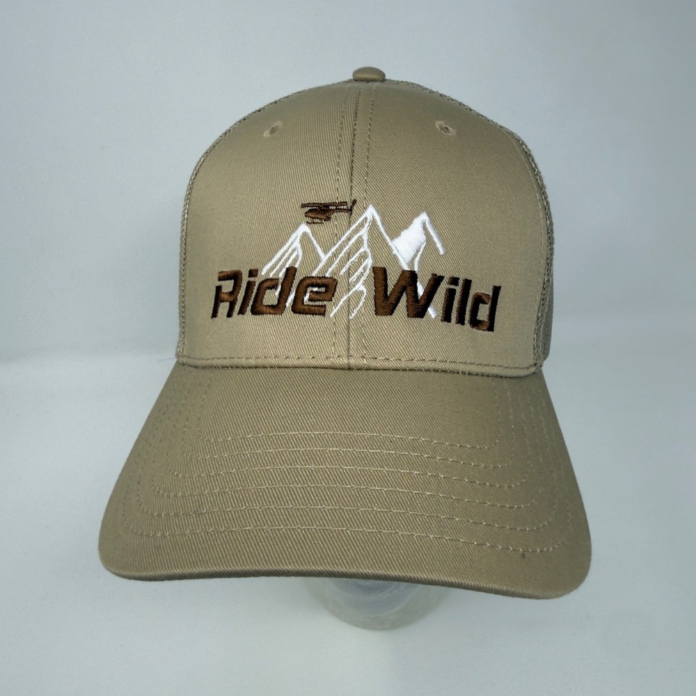 Ride Wild Snowmobile Mountain Embroidered Mesh Trucker Hat Tan Snapback Cap OTTO